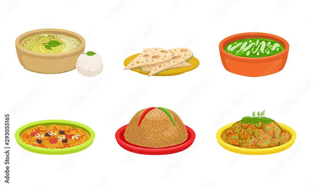 Collection of Delicious Food Dishes, National Cuisine, Cafe, Restaurant Menu Design Element Vector Illustration