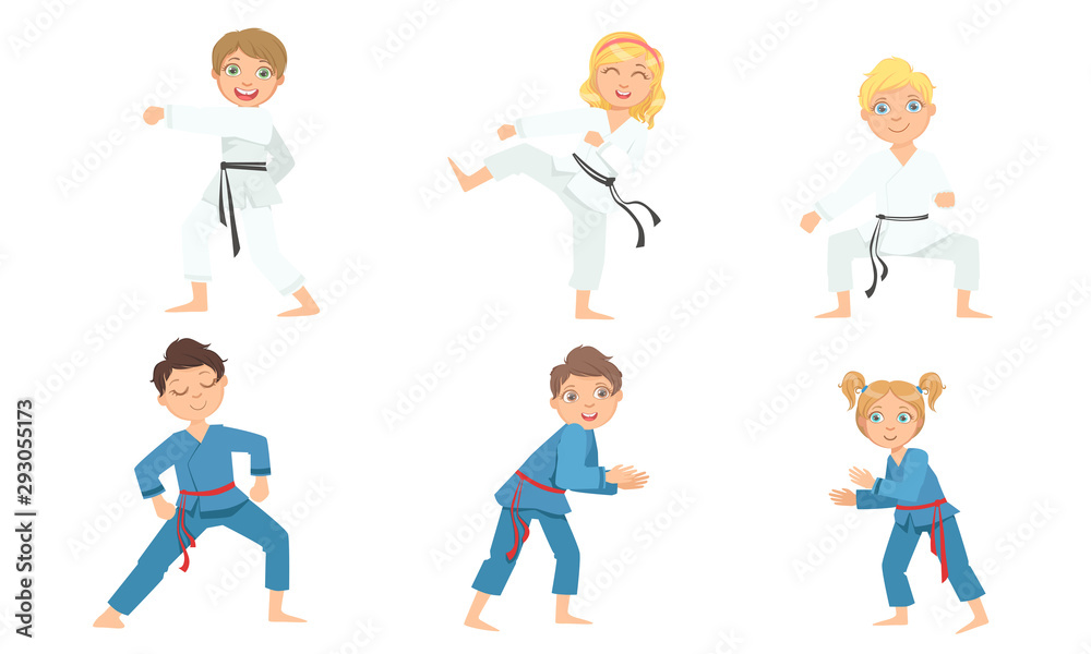 Cute Boy and Girls Doing Karate and Judo in White and Blue Kimono, Children Practicing Martial Arts Vector Illustration