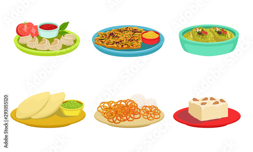 Collection of Delicious Food Dishes and Desserts, Cafe, Restaurant Menu Design Element Vector Illustration