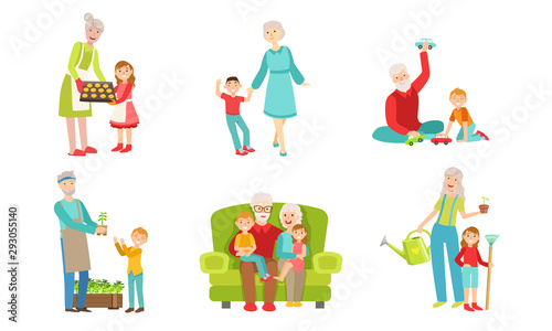 Grandparents Spending Time with Grandchildren Set, Grandfather and Grandmother Playing, Walking, Working in the Garden with their Grandsons and Granddaughters Vector Illustration