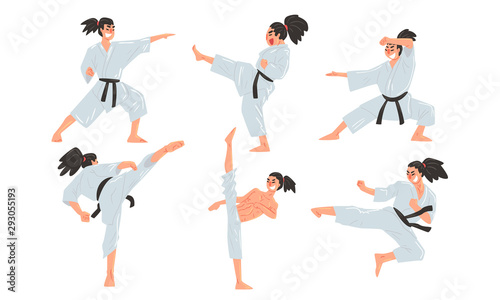 Male Karate Fighter in White Kimono Practicing Martial Art Set, Man Doing Karate Vector Illustration