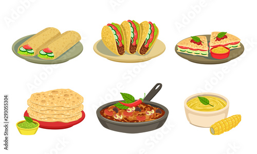 Collection of Delicious Mexican Cuisine Food Dishes, Burrito, Tacos, Maize, Tortillas Vector Illustration