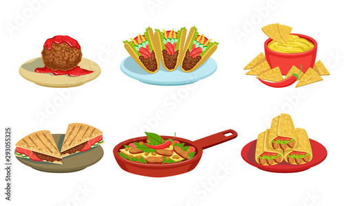 Collection of Delicious Mexican Cuisine Food Dishes, Burrito, Tacos, Nachos, Braised Beans, Meatball Vector Illustration