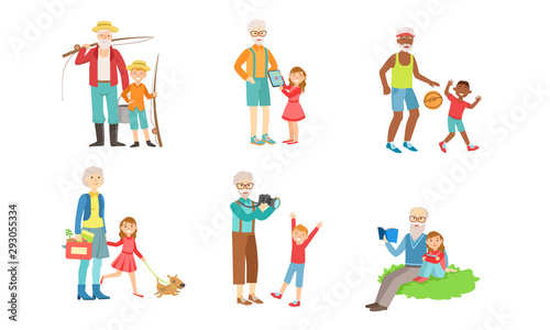 Grandparents Spending Time with Grandchildren Set, Grandfather and Grandmother Playing, Walking, Reading Books, Doing Sports with their Grandsons and Granddaughters Vector Illustration © topvectors