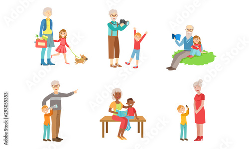 Grandparents Spending Time with Grandchildren Set, Grandfather and Grandmother Playing, Walking, Reading Books with their Grandsons and Granddaughters Vector Illustration