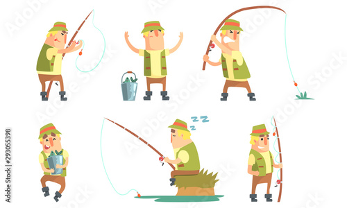 Fisherman Catching Fish with Fishing Rod Set, Funny Fisher Cartoon Character Having Active Leisure on Nature Vector Illustration