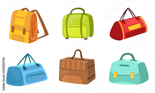 Collection of Suitcases Set, Leather and Textile Bags, Travel Luggage Vector Illustration