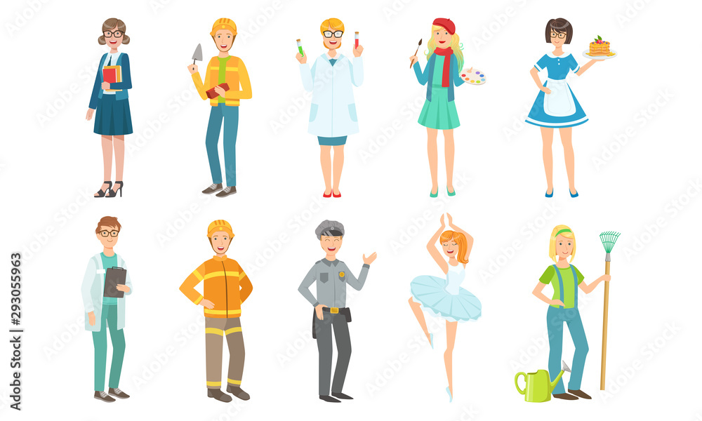 People of Different Professions Set, Teacher, Builder, Scientist, Artist, Doctor, Fireman, Policeman, Ballerina, Gardener Vector Illustration People of Different Professions Set, Teacher, Builder, Scientist, Artist, Doctor, Fireman, Policeman, Ballerina, Gardener Vector Illustration