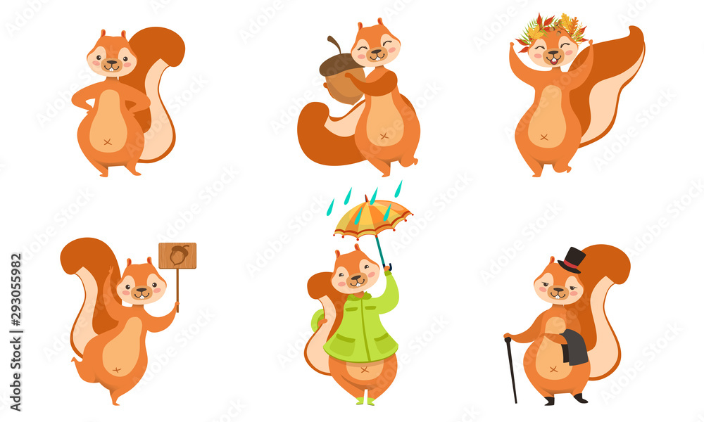 Fototapeta premium Cute Squirrels Set, Funny Animals Cartoon Character Different Activities Vector Illustration