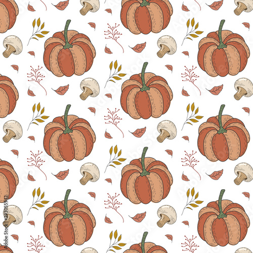 Autumn pattern with pumpkins, champignon mushrooms, leaves, berries. Vector forest ornament