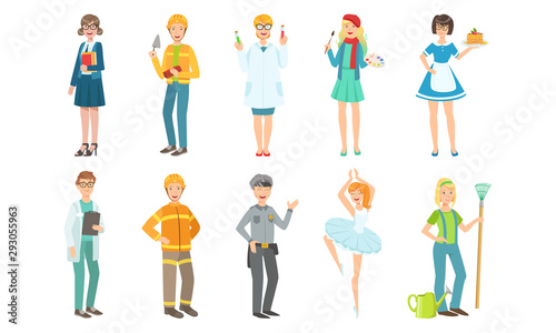 People of Different Professions Set, Teacher, Builder, Scientist, Artist, Doctor, Fireman, Policeman, Ballerina, Gardener Vector Illustration