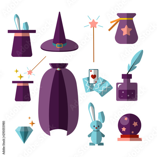 Tableau sur toile magician illusionist vector flat set with fabulous items - magic hat, rabbit, wa