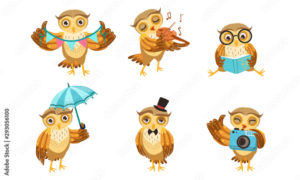 Cute Owl Cartoon Character Set, Adorable Funny Owlet Bird Different  Activities Vector Illustration Stock Vector | Adobe Stock