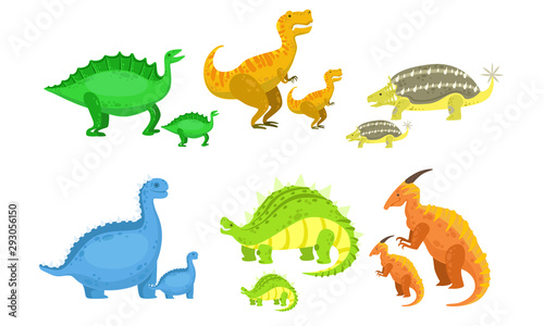 Fototapeta Naklejka Na Ścianę i Meble -  Cute Mother and Baby Dinosaurs Set, Loving Parents and Adorable Kids Prehistoric Animals Vector Illustration