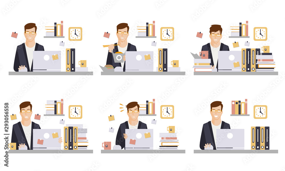 Male Business Character in Workplace Set, Office Employee Working Day Vector Illustration