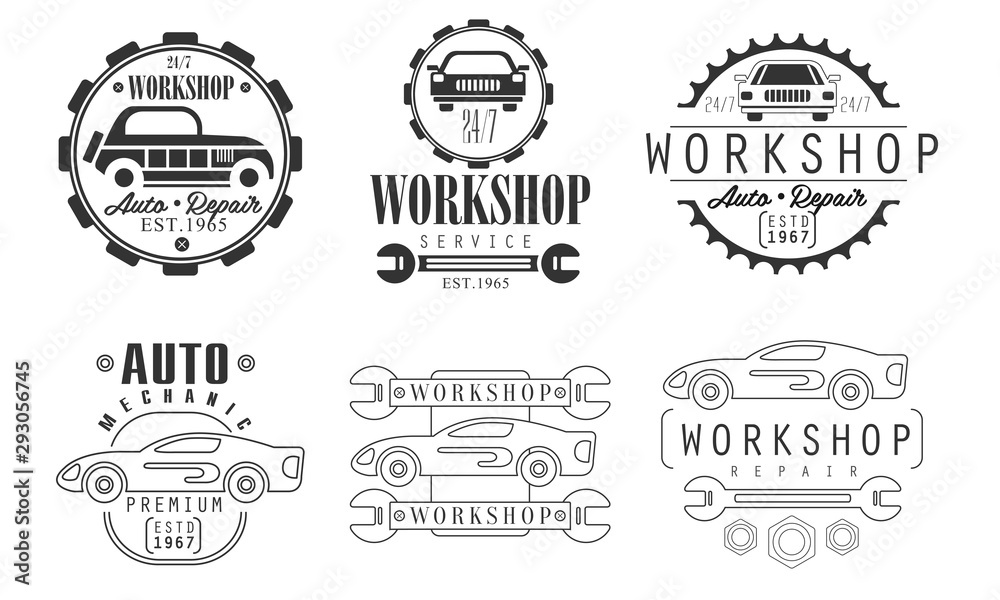 Workshop Repair Service Premium Retro Labels Set, Auto Mechanic Station Monochrome Badges Vector Illustration