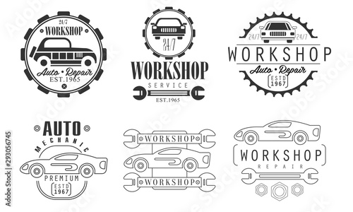 Workshop Repair Service Premium Retro Labels Set, Auto Mechanic Station Monochrome Badges Vector Illustration