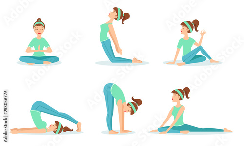 Girl Doing Yoga in Different Poses Set, Young Woman Performing Physical Exercises Vector Illustration