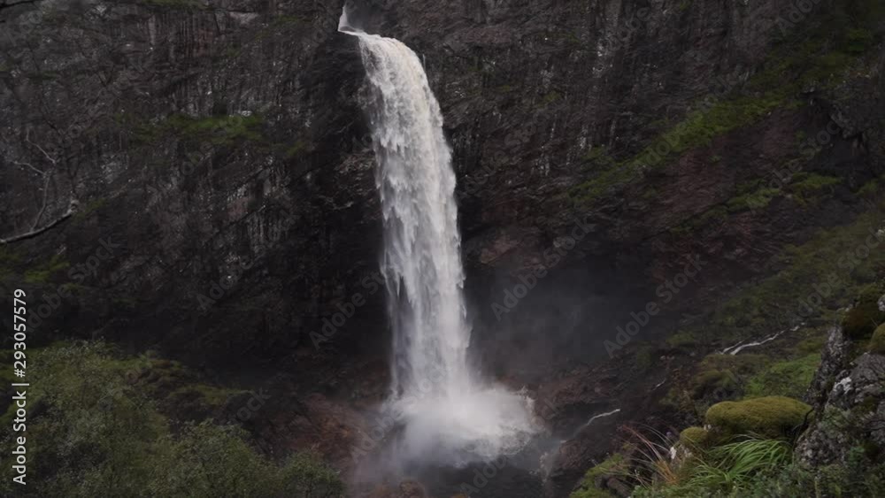 Rainy day at beautiful waterfall Månafossen, Norway. Rainy day at beautiful waterfall Månafossen, Norway.