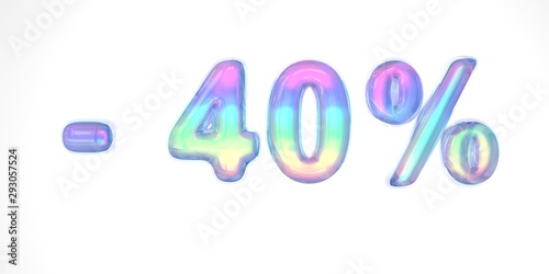 3D text of the letter -40 sale in the style of soap bubbles with a rainbow tint on