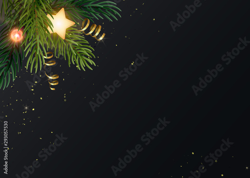 Christmas background design with fir branches, glowing stars, gold serpentines and luminous light bulbs. Dark gray backdrop with space for text. Vector flyer or banner template. photo