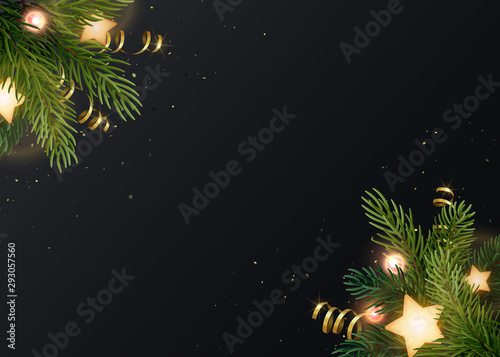 Christmas background design with fir branches, glowing stars, gold serpentines and luminous light bulbs. Dark gray backdrop with space for text. Vector flyer or banner template. photo