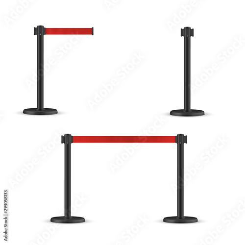 Retractable belt stanchion set. Portable ribbon barrier. Red striped hazard fencing tape.