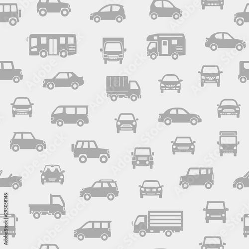 色々な車のアイコンのシームレスパターン背景(シルエット)グレー