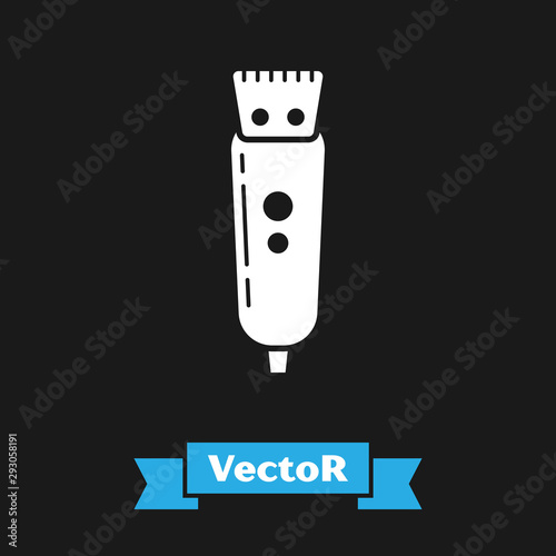 White Electrical hair clipper or shaver icon isolated on black background. Barbershop symbol. Vector Illustration