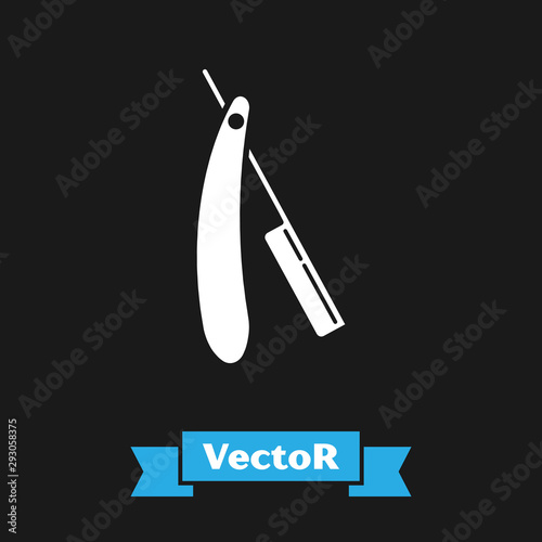 White Straight razor icon isolated on black background. Barbershop symbol. Vector Illustration