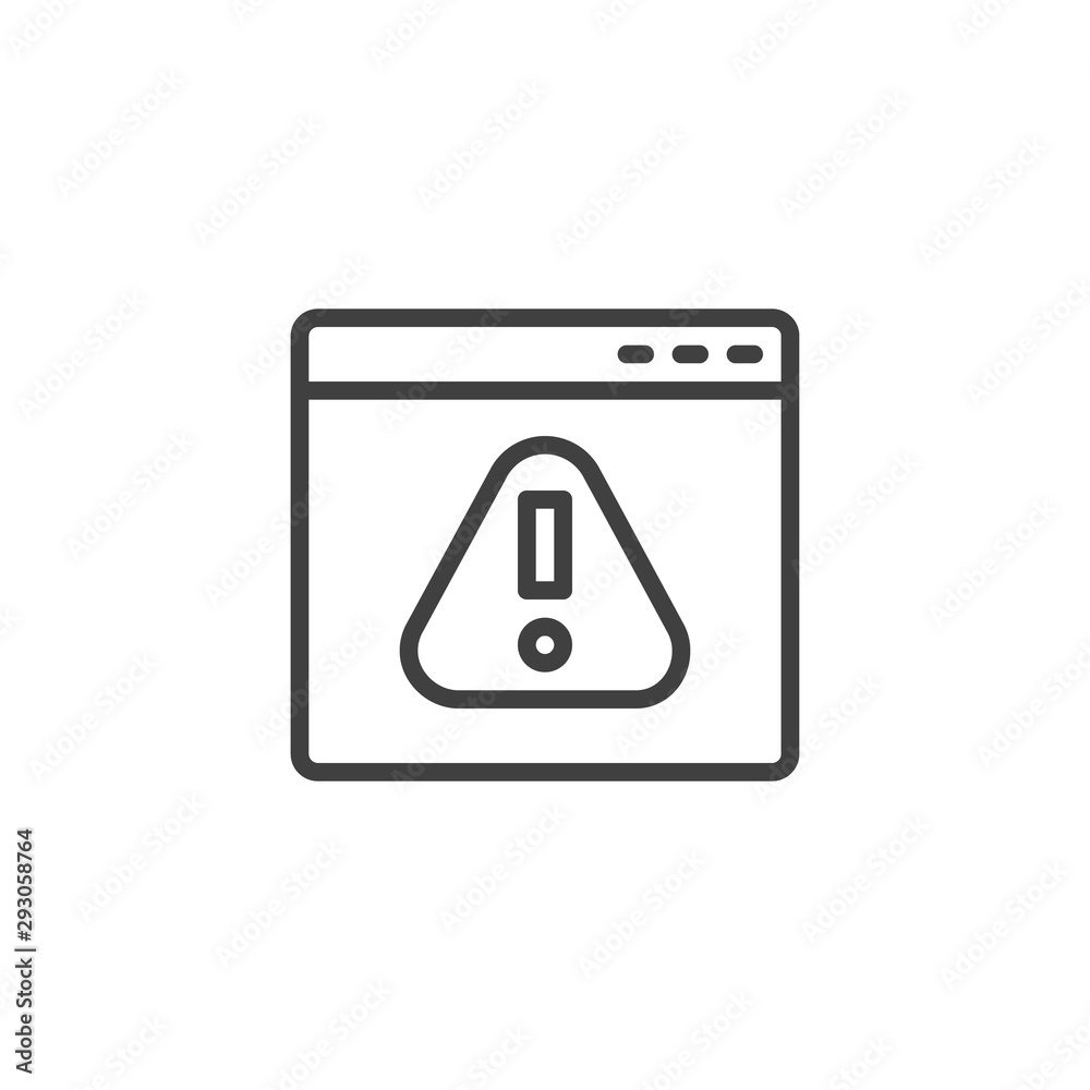 Browser, error line icon. Website with exclamation sign linear style sign for mobile concept and web design. Alert web page outline vector icon. Symbol, logo illustration. Vector graphics Browser, error line icon. Website with exclamation sign linear style sign for mobile concept and web design. Alert web page outline vector icon. Symbol, logo illustration. Vector graphics