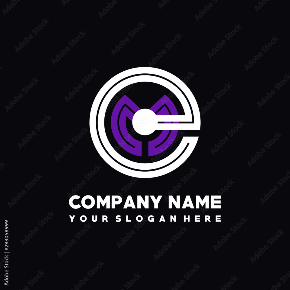 initial letter EM logo, round logo white, purple lowercase letters initial letter EM logo, round logo white, purple lowercase letters
