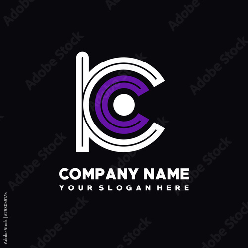 initial letter KC logo, round logo white, purple lowercase letters
