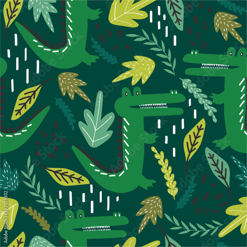 Crocodiles and leaves, hand drawn backdrop. Colorful seamless pattern with animals. Decorative cute wallpaper, good for printing. Overlapping background vector. Design illustration