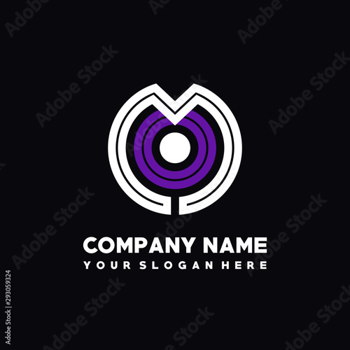 initial letter MO logo, round logo white, purple lowercase letters