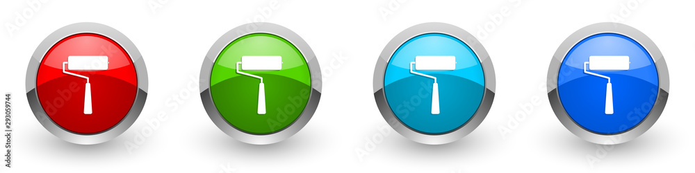Roll painter, roller silver metallic glossy icons, red, set of modern design buttons for web, internet and mobile applications in four colors options isolated on white background Roll painter, roller silver metallic glossy icons, red, set of modern design buttons for web, internet and mobile applications in four colors options isolated on white background