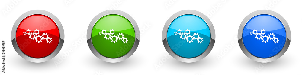Cogwheel engineering silver metallic glossy icons, red, set of modern design buttons for web, internet and mobile applications in four colors options isolated on white background