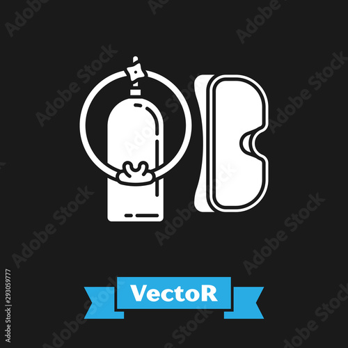 White Diving mask and aqualung icon isolated on black background. Oxygen tank for diver. Extreme sport. Sport equipment. Vector Illustration