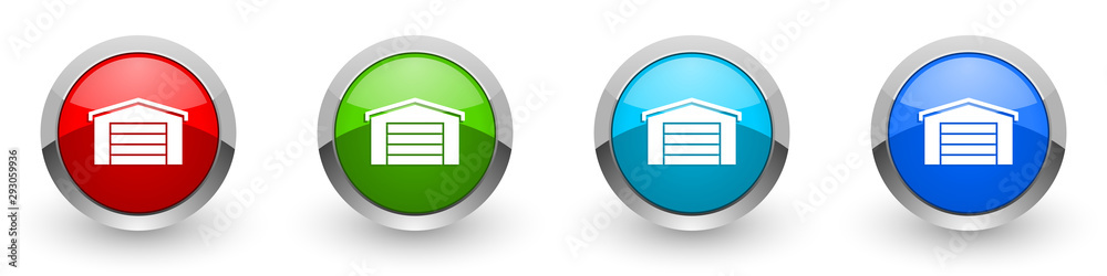 Garage building silver metallic glossy icons, red, set of modern design buttons for web, internet and mobile applications in four colors options isolated on white background Garage building silver metallic glossy icons, red, set of modern design buttons for web, internet and mobile applications in four colors options isolated on white background
