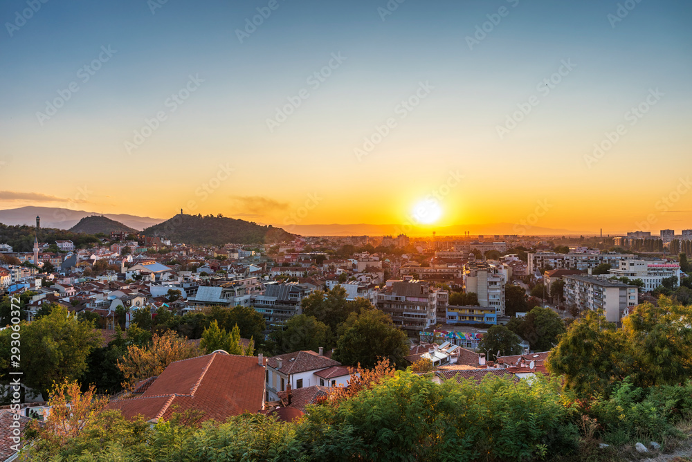 Panoramic autumn sunset view over Plovdiv city, Bulgaria