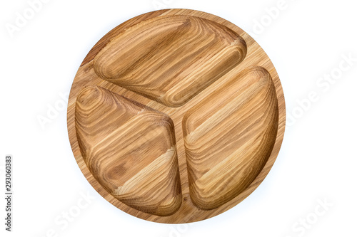 Top view of empty wooden compartment dish with three departments