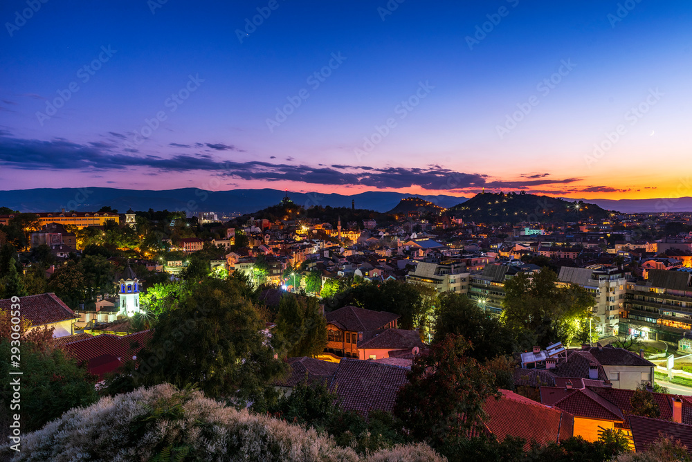 Plovdiv city, Bulgaria. Panoramic photo over the city after sunset.