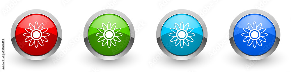 Flower silver metallic glossy icons, red, set of modern design buttons for web, internet and mobile applications in four colors options isolated on white background Flower silver metallic glossy icons, red, set of modern design buttons for web, internet and mobile applications in four colors options isolated on white background