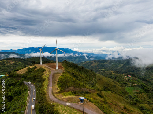 Beautiful aerial view of the renewable energy Windmills in Costa Rica photo