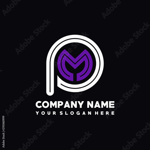 initial letter PM logo, round logo white, purple lowercase letters