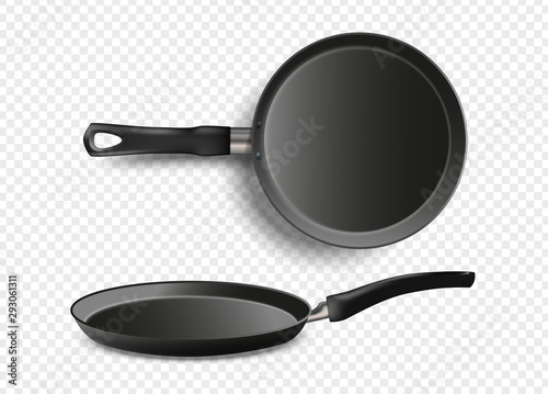 Realistic frying Pan isolated on transparent background. Metallic dishware. Utensil for cooking. Stock realistic vector illustration.