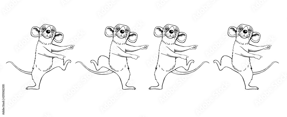 Cartoon rat image sketch. Set. Dance. the mouse.
