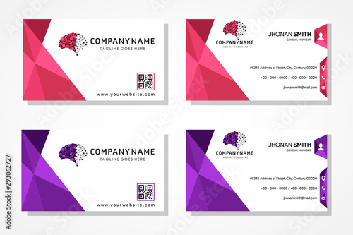 polygonal brain concept. Abstract modern triangle Business card, name card Design Template - stock vector- Red and purple color