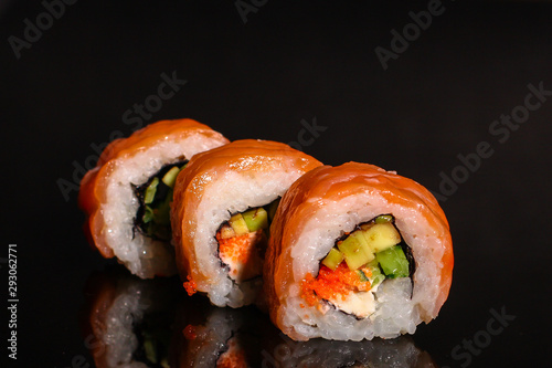 sushi rolls, traditional Japanese food (rice, nori and seafood) menu concept. food background. copy space. Top view