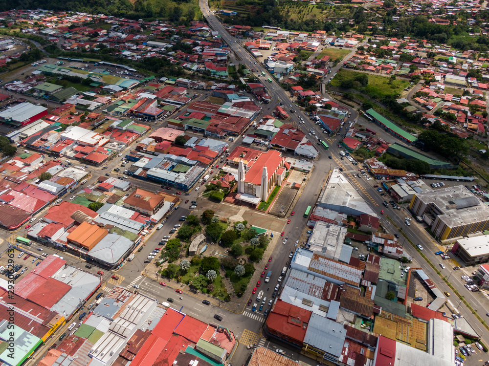 Beautiful aerial view of Perez Zeledon Town and Church in Costa Rica